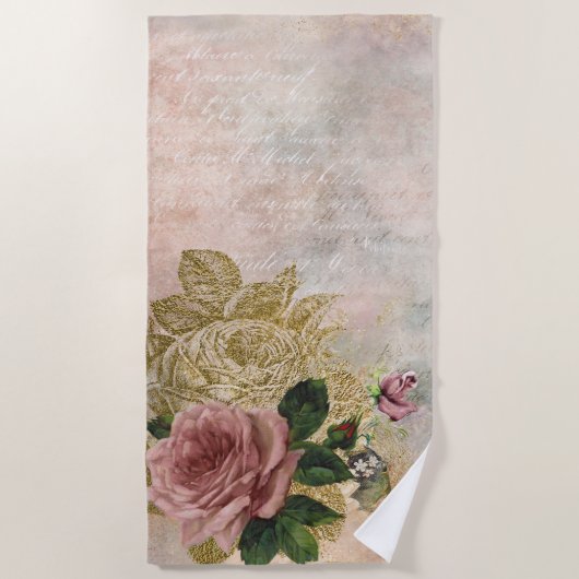 Serviette De Plage Glam Steampunk | Rose rose et or Rustique Floral (Devant)
