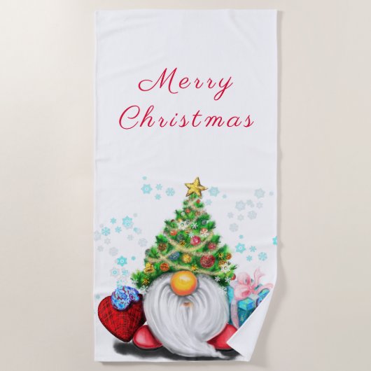 Serviette De Plage Gnome mignonne avec arbre de Noël Casquette et cad (Devant)