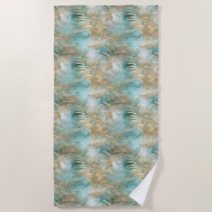 Serviette De Plage Gold Aqua White Feuilles tropicaux