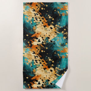 Serviette De Plage Gold Black Aqua Orange Leopard Abstrait