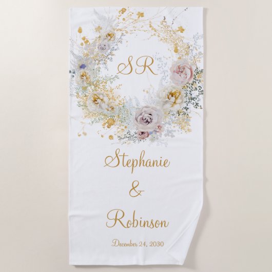 Serviette De Plage Gold Floral Monogramme Mariage Cadeau Plage servie (Devant)