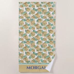 Serviette De Plage Gold & Green Feuilles, Bold Nom ou Initiales Plage