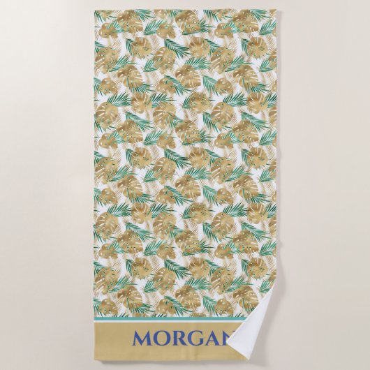 Serviette De Plage Gold & Green Feuilles, Bold Nom ou Initiales Plage (Devant)