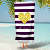Serviette De Plage Gold Heart Name Purple Stripes Motif