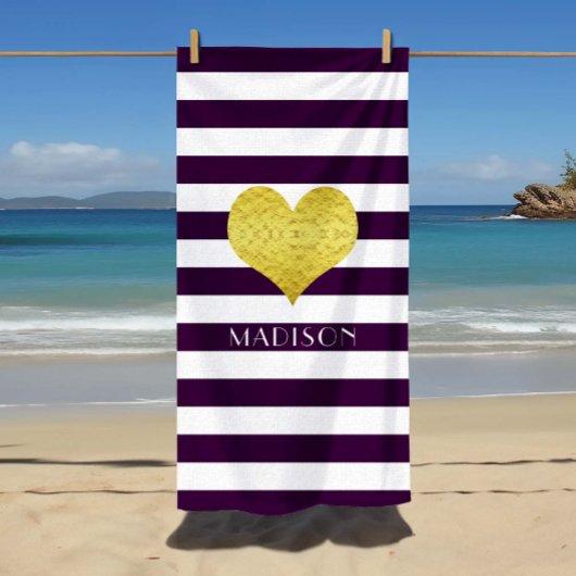 Serviette De Plage Gold Heart Name Purple Stripes Motif
