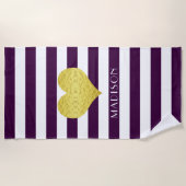 Serviette De Plage Gold Heart Name Purple Stripes Motif (Devant)
