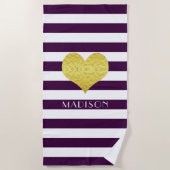 Serviette De Plage Gold Heart Name Purple Stripes Motif (Devant)