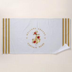Serviette De Plage Gold Navy Ancre nautique club de yacht Rose rétro 