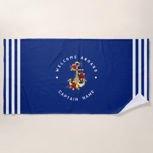 Serviette De Plage Gold Navy Ancre nautique club de yacht Rose rétro 