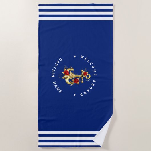 Serviette De Plage Gold Navy Ancre nautique club de yacht Rose rétro (Devant)