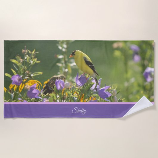 Serviette De Plage Goldfinch sur Harebell Flower (Devant)