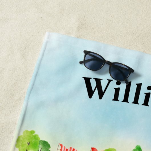 Serviette De Plage Golf Amusement Parcours Panier Nom Monogramme (En situation)