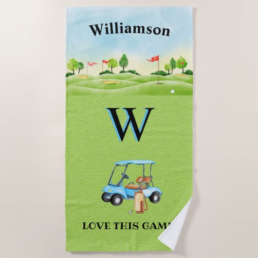 Serviette De Plage Golf Amusement Parcours Panier Nom Monogramme (Devant)