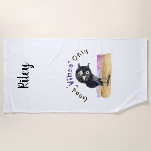 Serviette De Plage Good Vibes seulement avec Chouette curieuse (Devant)