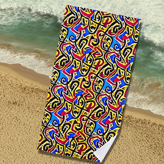 Serviette De Plage Graffiti jaune rouge noir sur bleu
