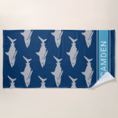 Serviette De Plage Grand requins blancs Nom personnalisé bleu marine (Devant)