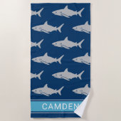 Serviette De Plage Grand requins blancs Nom personnalisé bleu marine (Devant)