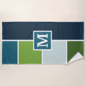 Serviette De Plage Grandes bandes en bleu et vert avec Monogrammes (Devant)