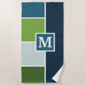 Serviette De Plage Grandes bandes en bleu et vert avec Monogrammes (Devant)