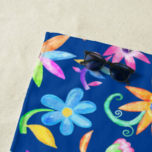 Serviette De Plage Gras brillant Fleur Art coloré Bleu Personnalisé