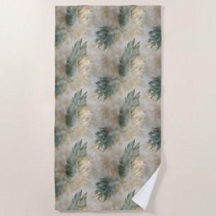 Serviette De Plage Green Glam Chic Gold White Feuilles tropicaux
