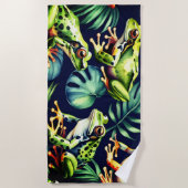 Serviette De Plage Grenouille verte et orange sur feuilles frais, aqu (Devant)