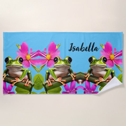 Serviette De Plage Grenouille verte personnalisée entourée de fleurs (Devant)