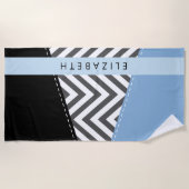 Serviette De Plage Grey Zigzag, Grey Chevron, Bleu, Votre Nom (Devant)
