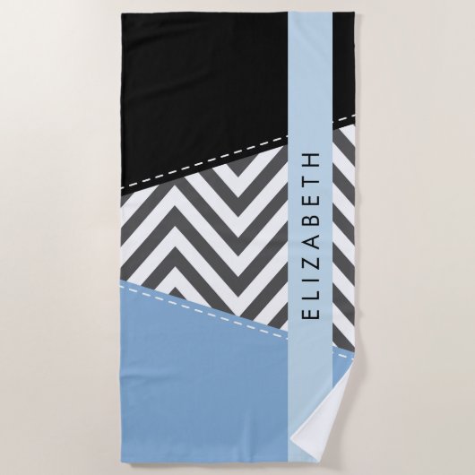 Serviette De Plage Grey Zigzag, Grey Chevron, Bleu, Votre Nom (Devant)
