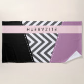 Serviette De Plage Grey Zigzag, Grey Chevron, Purple, Votre Nom (Devant)