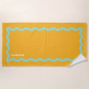 Serviette De Plage Gribouillis orange et aqua avec texte
