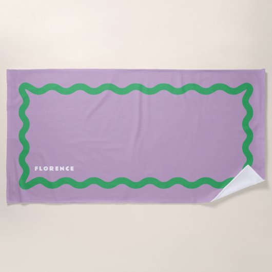Serviette De Plage Gribouillis violet et vert avec texte (Devant)