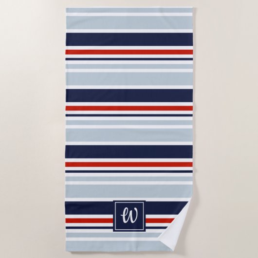 Serviette De Plage Gris bleu rouge minimum Motif Monogramme (Devant)