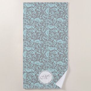 Serviette De Plage Gris bleu Vintage motif floral Monogram Beach T