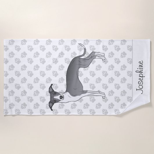 Serviette De Plage Gris Italien Bleu Et Blanc Avec Nom Personnalisé (Devant)