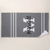 Serviette De Plage Gris rayures Masculine Monogramme (Devant)
