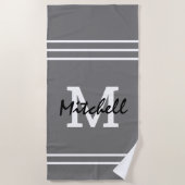 Serviette De Plage Gris rayures Masculine Monogramme (Devant)