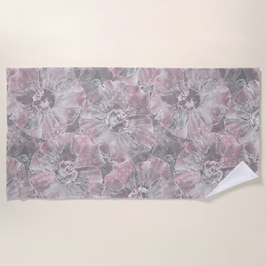 Serviette De Plage Gris rose, grandes fleurs design (Devant)