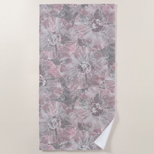 Serviette De Plage Gris rose, grandes fleurs design (Devant)