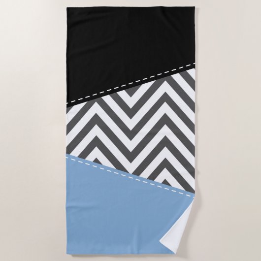 Serviette De Plage Gris Zigzag, Gris Chevron, Motif Zigzag, Bleu (Devant)
