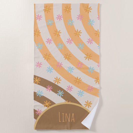 Serviette de plage Groovy Florals Rainbows Nom (Devant)