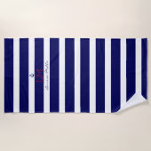 Serviette De Plage gros bleu marine rayures nautiques avec monogramme (Devant)