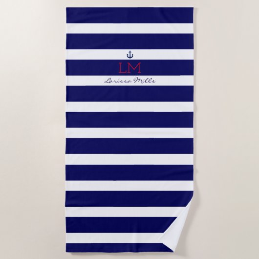 Serviette De Plage gros bleu marine rayures nautiques avec monogramme (Devant)