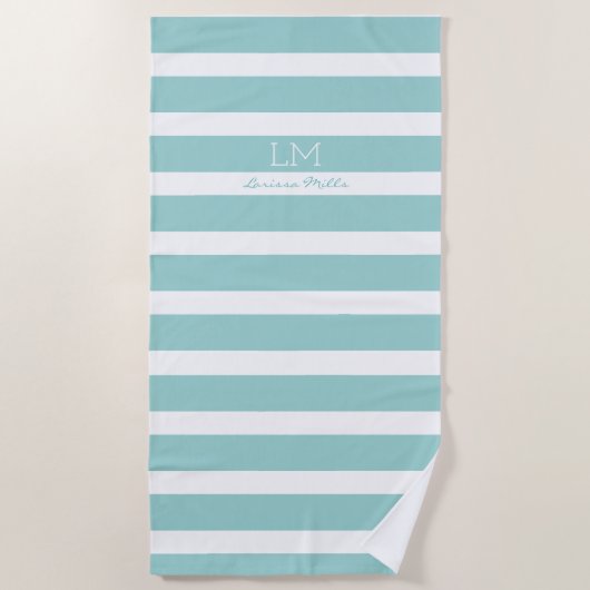 Serviette De Plage gros bleu turquoise nautique rayures monogrammed (Devant)