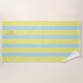 Serviette De Plage gros rayures bleu pâle jaune monogrammé (Devant)