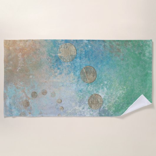Serviette De Plage Grunge Côtière | Aquarelle bleu et vert or (Devant)