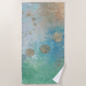 Serviette De Plage Grunge Côtière | Aquarelle bleu et vert or (Devant)