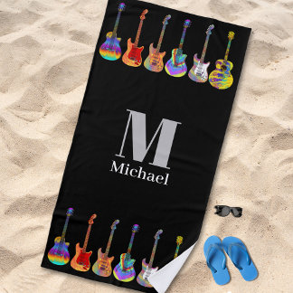 Serviette De Plage Guitares psychédéliques personnalisées Noir