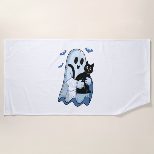 Serviette De Plage Halloween bleu Denim Ghost et chat (Devant)