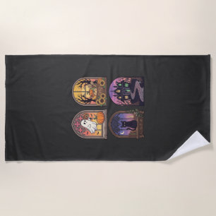 Serviette De Plage Halloween Gothique Fenêtre Fantôme Citrouille Chat